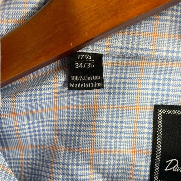 David Donahue Button Up Shirt Men's 17.5 34/35 Blue/Orange Tattersall Trim - Picture 6 of 12